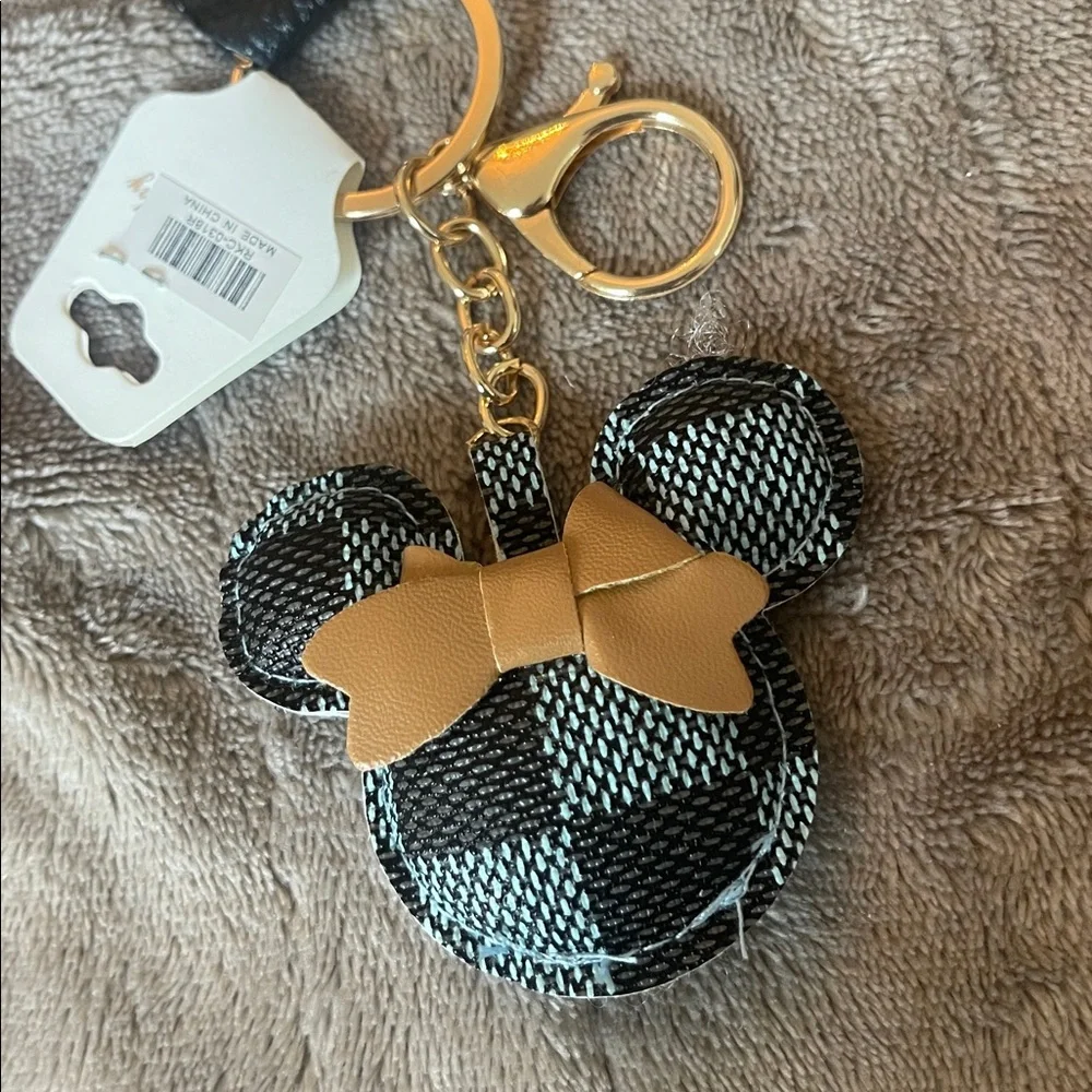 Minnie Mouse Checkered blue brown with Gold luxury Keychain purse bag charm NWT
